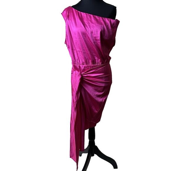 Zesica Womens Fuscia Asymmetrical‎ Midi Dress L Ruched One Shoulder Cutout New - Picture 12 of 13